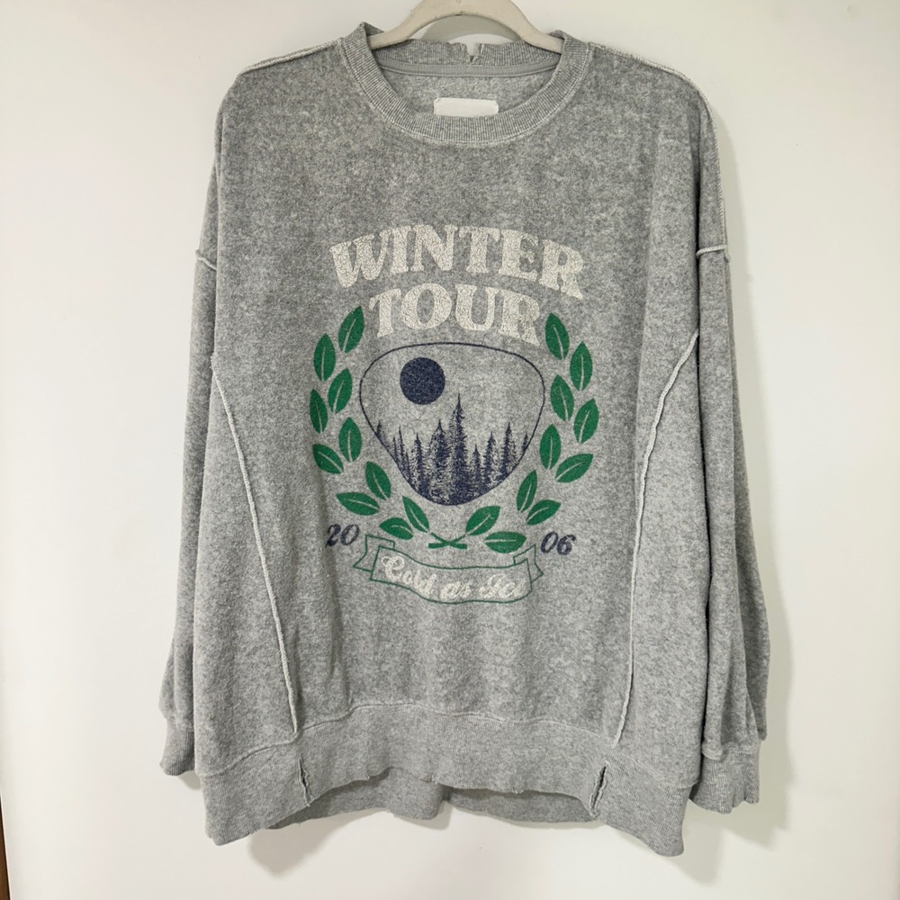 Aerie Sweatshirt M Gray Cotton Graphic Winter Tour Oversized Raw Seam Gorpcore